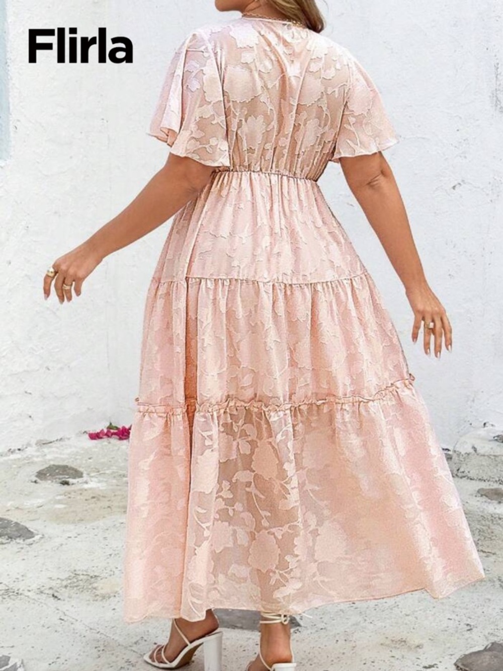 SHEIN Blush Pink Tiered Midi Dress with Flutter Sleeves - Picture 3 of 7